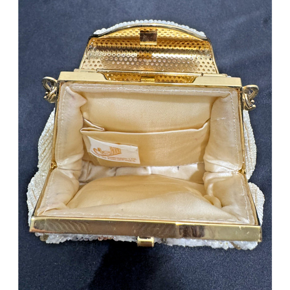 Vintage Art Deco Glass Beaded Purse Evening Clutch 1950s Delill Gold Frame Cream - Picture 7 of 12